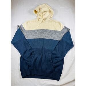 Commerce Mens XL Knit Hoodie Cream Blue Colorblock Cotton Blend Pullover